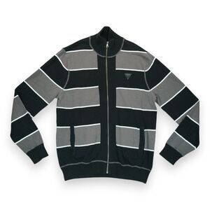 GUESS Men's Sweater Mock Neck Full Zip Striped Pattern Large Black & Gray‎ EUC